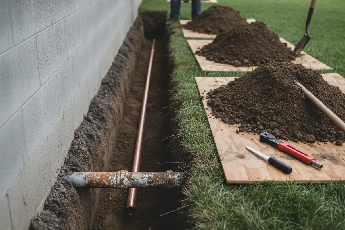 Excavated water line trench during Water Softener Installation in Greenfield Center